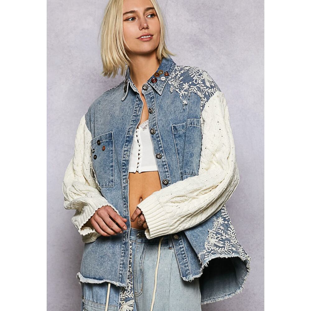 Pol Womens Denim Sweater Sleeve Embroidered Buttons Details Winter NEW